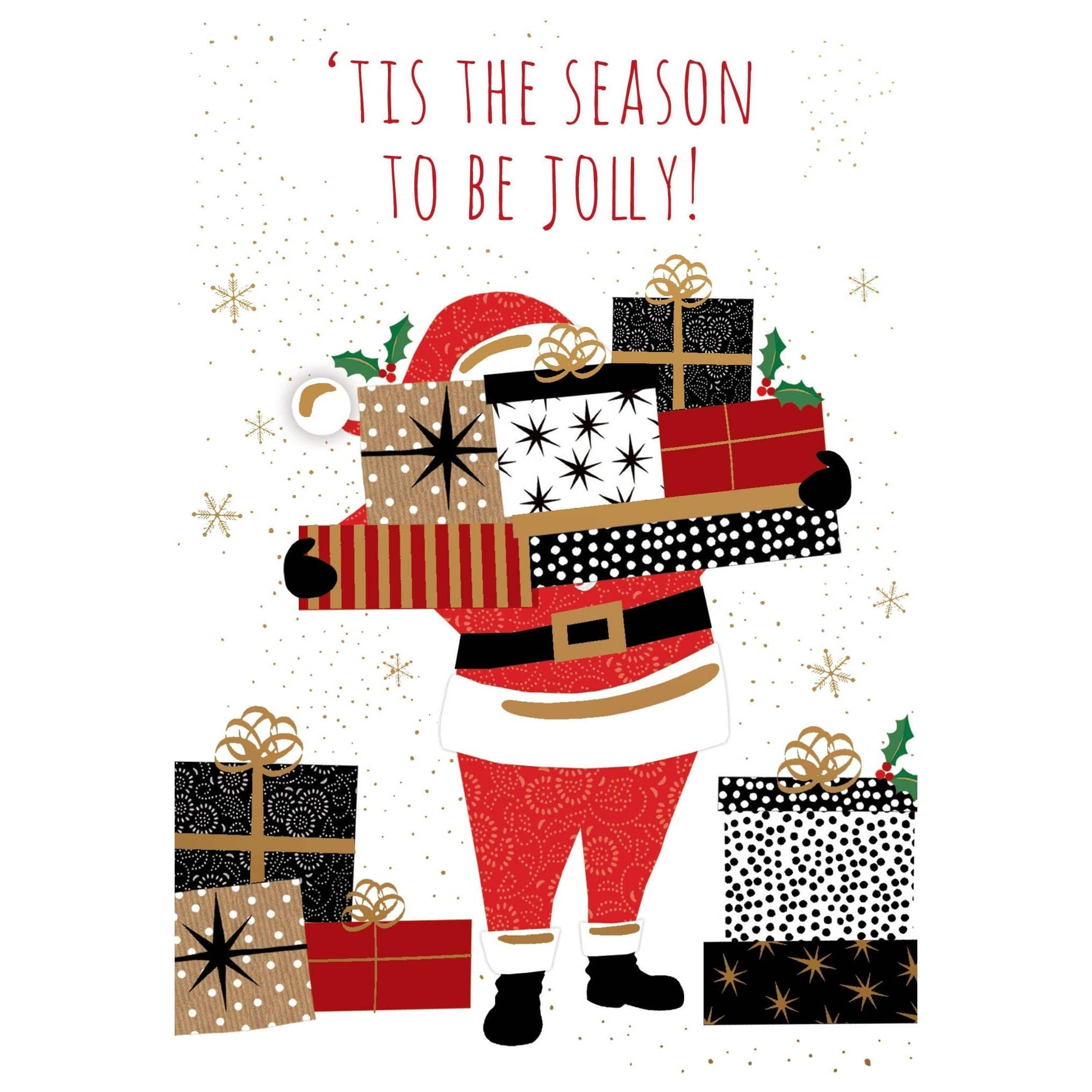 Santa with gifts on a Christmas card, Pictura seasonal holiday greeting featuring festive holiday imagery.